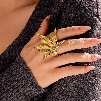 Leaf 304 Stainless Steel Adjustable Open Cuff Rings for Women RJEW-Z089-02G-1
