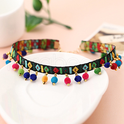 Cloth Embroidery Band with Colorful Wool Pom Pom Ball Tassel Choker Necklaces for Women FS-WG50431-01-1