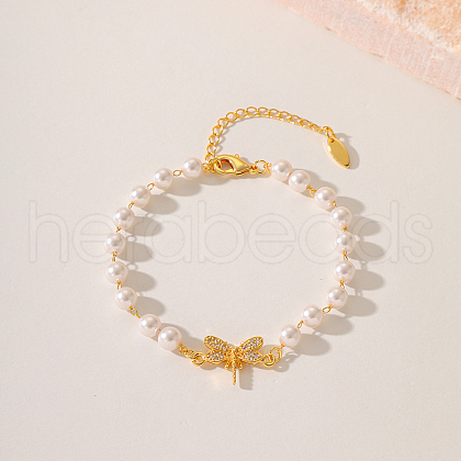 Fashionable Dragonfly Brass Crystal Rhinestone & Imitation Pearl Braided Bead Bracelets for Women DV0214-2-1