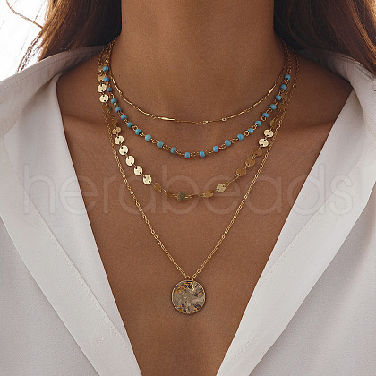 Bohemian Iron & Brass & Alloy & Synthetic Turquoise Disc Pendant Multi-Layered Necklaces for Women FS-WG4A8F2-02-1