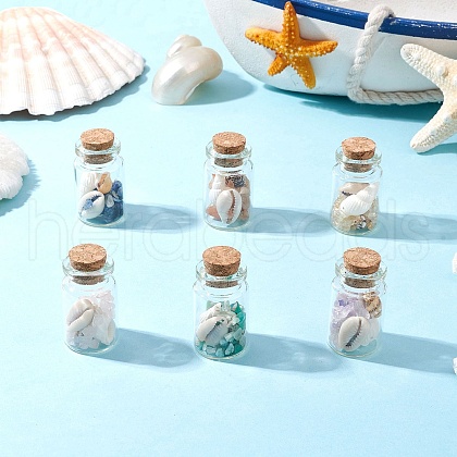 6Pcs Natural Lapis Lazuli/Amethyst/Carnelian/Citrine/Rose Quartz/ Amazonite Chip & Cowrie Shell Beads Healing Crystals Wishing Bottles PALLOY-JF03788-1