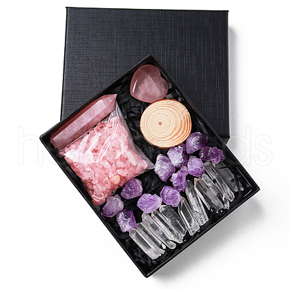 Natural Amethyst & Rose Quartz & Quartz Crystal Ornaments Set Box WG74987-01-1