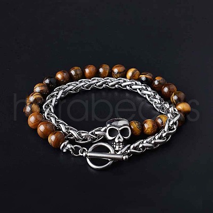 Natural Tiger Eye & Stainless Steel Skull Beaded Bracelet with Wheat Chains PW-WG61835-02-1