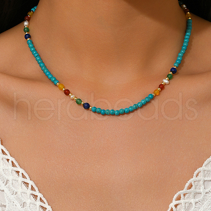 Vintage Natural Freshwater Pearl & Synthetic Turquoise Round Beaded Necklaces for Women LN7148-1