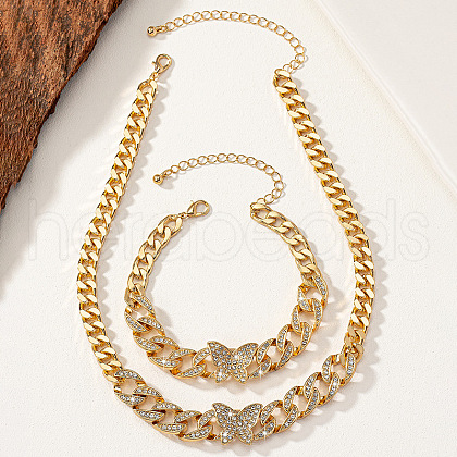 Butterfly Alloy Crystal Rhinestone Curb Chain Necklaces & Bracelets Sets FS-WG3333C-01-1