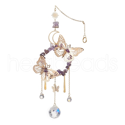 Iron Butterfly & Natural Amethyst Chip Ring Pendant Decorations HJEW-TA00244-1
