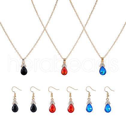 FIBLOOM 3 Sets 3 Colors Rhinestone Teardrop Dangle Earrings & Pendant Necklace SJEW-FI0001-27-1