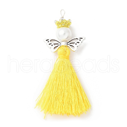 Glass Pearl Round Beaded with Polycotton Tassel Big Pendants PALLOY-MZ00612-05-1