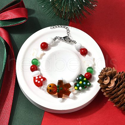 Handmade Lampwork with Glass and Natural Gemstone Christmas Theme Beaded Bracelets for Women BJEW-TA00657-1