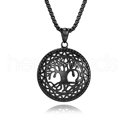 304 Stainless Steel Flat Round with Tree of Life Pendant Necklaces FS-WG13B06-03-1