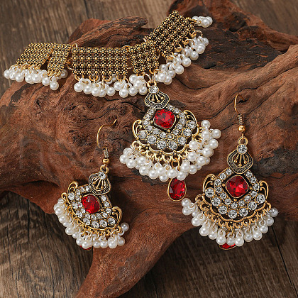 Bohemian Style Zinc Alloy & Rhinestone & Plastic Pearl Tassel Pendant Necklace & Dangle Earring FS-WG87356-03-1