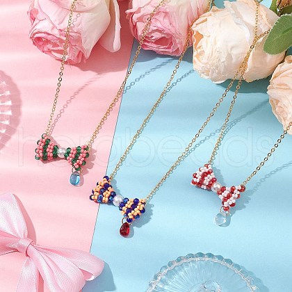 3Pcs 3 Colors Glass Seed Beaded Bowknot Pendant Necklace NJEW-MZ00091-1