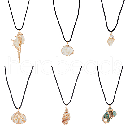 ANATTASOUL 6Pcs 6 Style Natural Shell Pendant Necklaces Set with Wax Cords for Women NJEW-AN0001-42-1