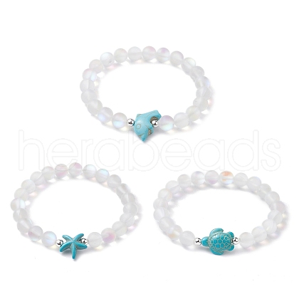 3Pcs Beach Dolphin & Turtle & Starfish Dyed Synthetic Turquoise Bead Bracelets BJEW-JB10252-1
