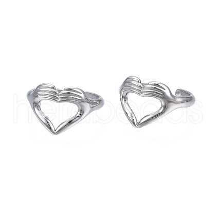 Non-Tarnish 304 Stainless Steel Heart Gesture Open Cuff Ring for Women RJEW-S405-260P-1