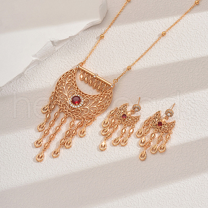 Ethnic Style Brass Cubic Zirconia Hollow Moon Necklace & Earring Sets for Women Party Wear RS4463-1