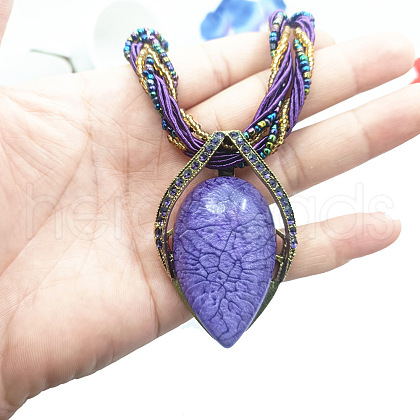 Bohemian Style Teardrop Zinc Alloy & Resin & Glass Seed Beaded Pendant Necklaces FS-WGFDF3E-03-1