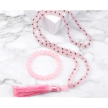 Natural Rose Quartz Round Beaded Pendant Necklaces & Bracelets Sets FS-WG9D102-14-1