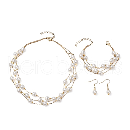 Round ABS Plastic Imitation Pearl Beads Necklace & Bracelet & Dangle Earring Sets for Women SJEW-JS01306-1