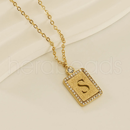 304 Stainless Steel Micro Pave Clear Cubic Zirconia Rectangle with Hollow Letter Pendant Necklaces FS-WGAE794-22-1