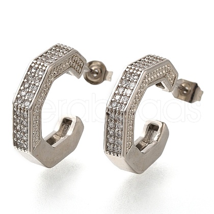 Rack Plating C-Shaped Brass Pave Clear Cubic Zirconia Stud Earrings EJEW-I310-08P-1