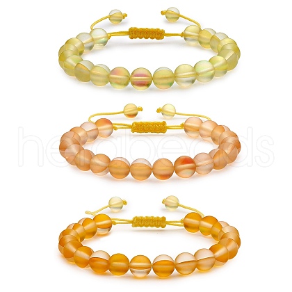 3Pcs Round Synthetic Moonstone Braided Bead Bracelets BJEW-SW00061-03-1