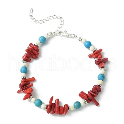 Synthetic Coral & Turquoise & Magnesite Chips Beaded Bracelets for Women BJEW-TA00374-1