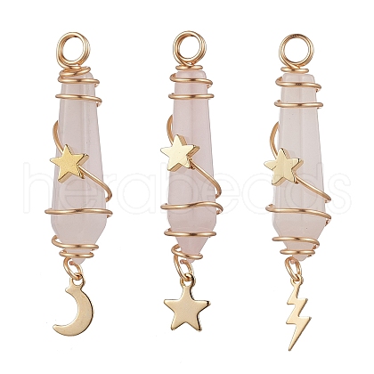 3Pcs 3 Styles Natural Rose Quartz Pointed Copper Wire Wrapped Faceted Bullet Big Pendants PALLOY-JF03572-05-1