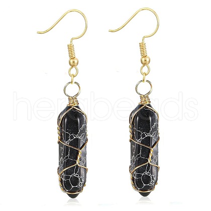 Obsidian Hexagon Handmade Copper Wire Wrapped Earrings Natural Stone Column Earrings ND6138-16-1