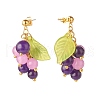 Natural Malaysia Jade Grape with Acrylic Leaf Dangle Stud Earrings EJEW-JE04912-2