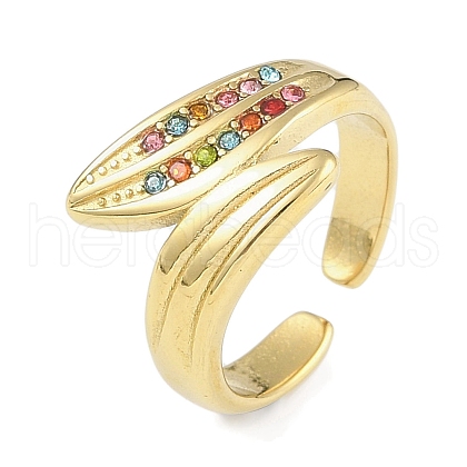 Leaf 304 Stainless Steel Rhinestone Cuff Ring for Women RJEW-C099-03G-02-1