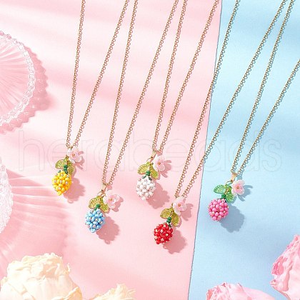 Glass Seed Beaded & Imitation Pearl Flower Pendant 304 Stainless Steel Cable Chain Necklaces for Women NJEW-MZ00115-1