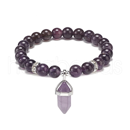 Natural Amethyst Round Beaded Stretch Bracelet with Bullet Charms BJEW-JB09018-04-1