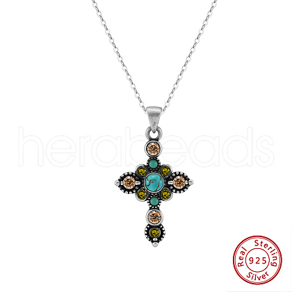 Natural Turquoise & Cubic Zirconia Cross Pendant Necklaces NJEW-L125-001ASP-1