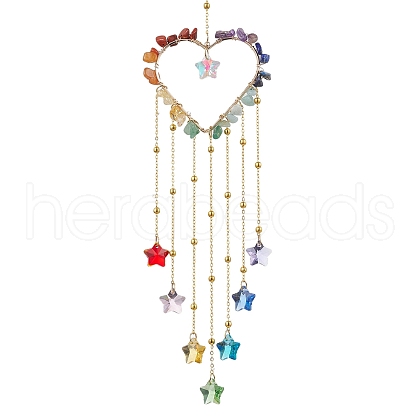 Wire Wrapped Chakra Natural Gemstone Chips Heart Hanging Ornaments HJEW-JM02369-1
