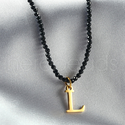 304 Stainless Steel Initial Pendant Black Glass Faceted Round Beaded Pendant Necklaces for Women FS-WGC61DE-12-1