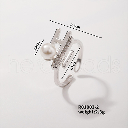 Geometric Pearl & Brass Letter H Open Cuff Ring: Elegant BN7901-2-1