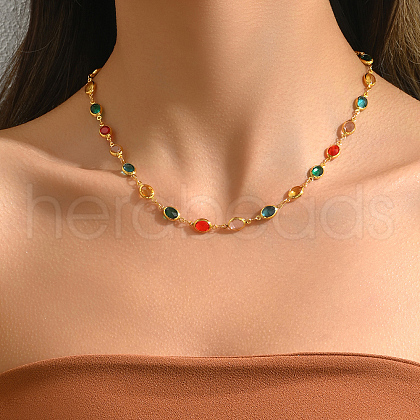Modern Fashion Brass Pave Glass Oval Link Chain Necklaces for Women GQ6870-1