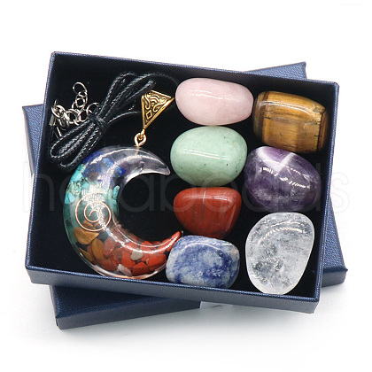 7 Chakra Tumbled Stone & Moon Pendant Necklace Mixed Natural Gemstone Healing Stones Set X1-PW-WG21137-02-1