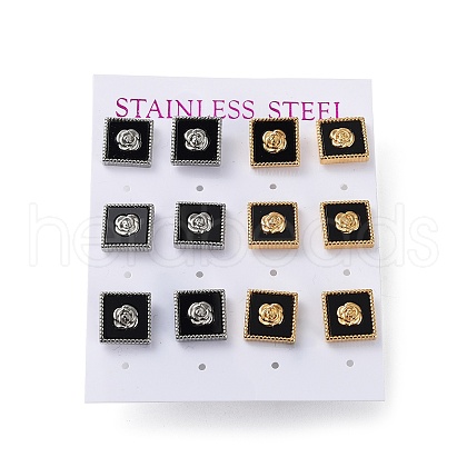 6 Pair 2 Color Square & Flower Acrylic Stud Earrings EJEW-A024-08-1