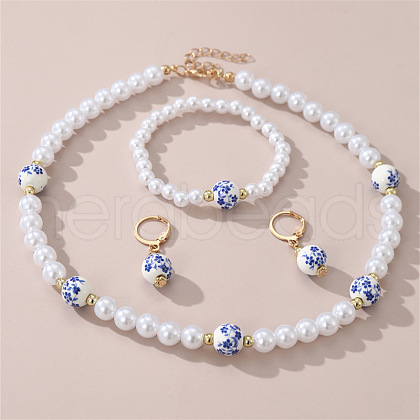Round with Plum Blossom Pattern Plastic & Porcelain & CCB Bracelets & Necklaces & Earring Sets FS-WG584CB-02-1