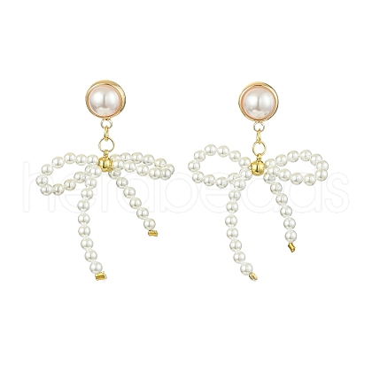 Natural Pearl Beaded Bowknot Dangle Stud Earrings EJEW-TA00321-1