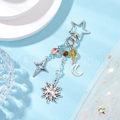 Natural Quartz Crystal Beads with Natural Grade AB Tiger Eye Beads and Glass Beads and Alloy Charms Decorations HJEW-JM03031-03-1