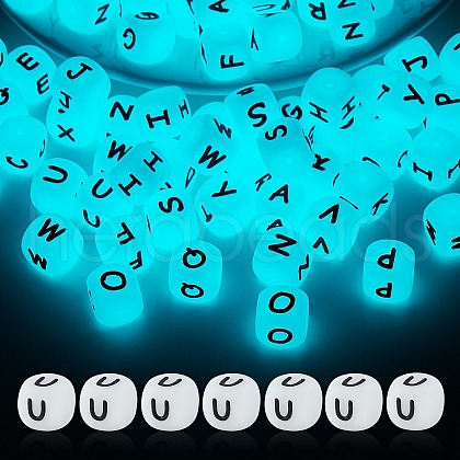 20Pcs Luminous Cube Letter Silicone Beads 12x12x12mm Square Dice Alphabet Beads with 2mm Hole Spacer Loose Letter Beads for Bracelet Necklace Jewelry Making JX437U-1
