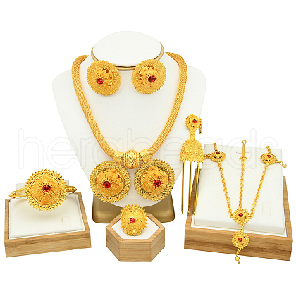Flat Round Alloy Pendant Necklace & Stud Earring & Cuff Bangle & Ring & Hair Fork & Frontlet FS-WG4845C-02-1