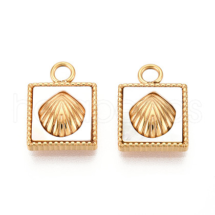 304 Stainless Steel Pave Natural White Shell Square with Shell Shape Charms STAS-N112-23A-G-1