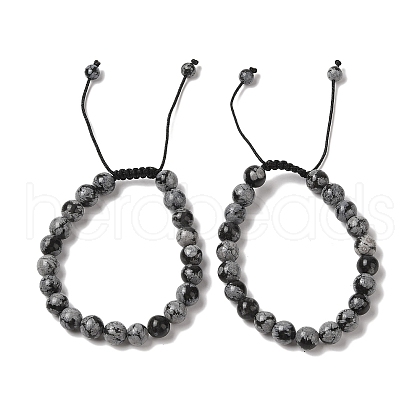 8mm Round Natural Snowflake Obsidian Braided Bead Bracelets BJEW-C067-01B-18-1