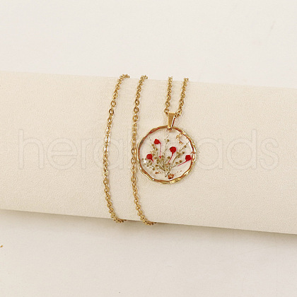 Alloy & Plastic Inner Flower Flat Round Pendant Necklaces FS-WG8915D-11-1