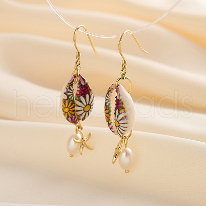 S925 Sterling Silver Shell Shape with Starfish Dangle Earrings EJEW-M096-02G-1