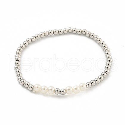Brass & ABS Plastic Imitation Pearl Round Beaded Stretch Bracelets for Women BJEW-G704-02P-1